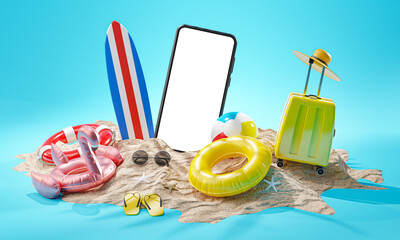 Phone Mockup Summer Vacation Background Concept Beach Accessories 3D Rendering © natanaelginting