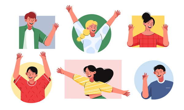 Friendly happy people flat vector illustration set. Men and women waving their hands and smiling. Cartoon  male and female portraits collection. 