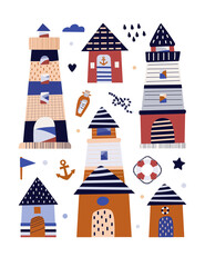 Vector illustration. Poster on the marine theme. Sailboat on the waves sailor's hat, anchor. Lifebuoy. Pastel shades. For the interior. Wall design.