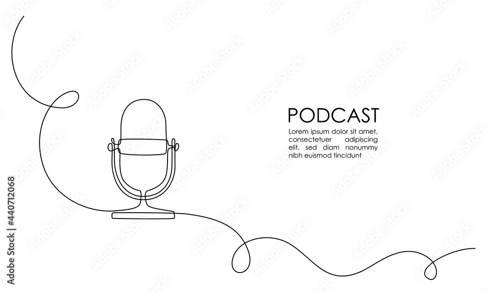 Aufkleber Continuous one line drawing of podcast microphone. Vintage old mike in simple thin linear style for banner music, webinar, online training. Editable stroke. Horizontal Vector illustration