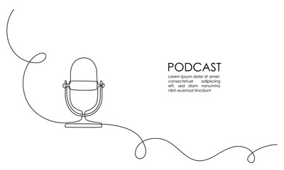 Continuous one line drawing of podcast microphone. Vintage old mike in simple thin linear style for banner music, webinar, online training. Editable stroke. Horizontal Vector illustration - obrazy, fototapety, plakaty