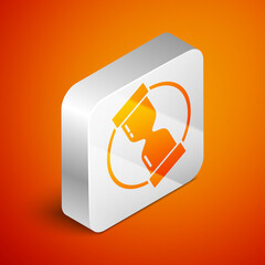 Isometric Old hourglass with flowing sand icon isolated on orange background. Sand clock sign. Business and time management concept. Silver square button. Vector