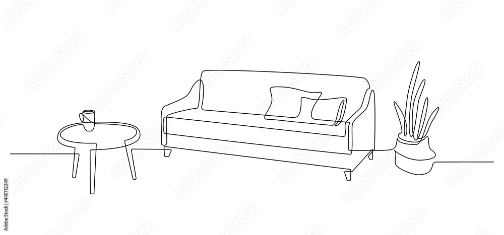 Aufkleber One continuous line drawing of sofa with table and floor potted plant. Home modern furniture of cozy couch with two pillows in simple linear style. Editable stroke Vector illustration