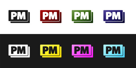Set Clock PM icon isolated on black and white background. Time symbol. Vector