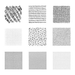 Set of black vector illustrations of abstract hand drawn square textures for backgrounds and design elements. Lines, dots, scribbles, waves, circles. Isolated on white background.