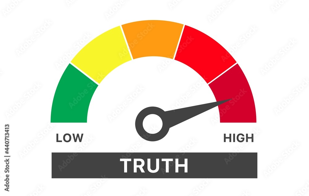 Poster meter of truth result. color scale with arrow. the measuring device icon. colourful infographic gaug