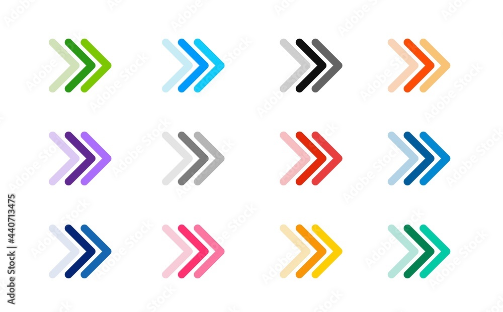 Poster colourful arrow sign icon set. simple circle shape internet button on grey background.
