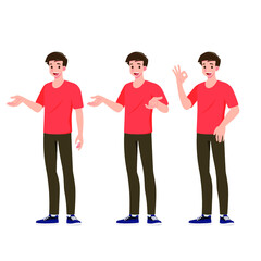 Fototapeta premium Flat design concept of happy man wear casual cloth with different poses, presenting process gestures and actions. Vector cartoon character design set.