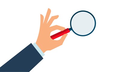 Hand holds Magnifying glass in search of something. Stock vector