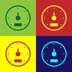 Pop art Speedometer icon isolated on color background. Vector