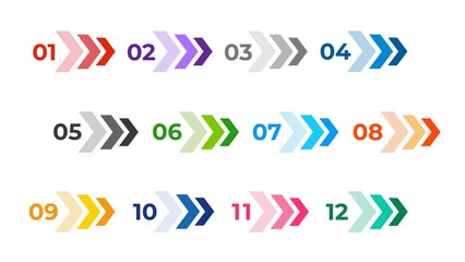 Colourful arrows set isolated on white. Direction number bullet points from one to twelve.