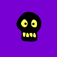 Skull with glowing eyes in cartoon doodle flat style. Vector black silhouette, icon, clipart isolated on dark purple background. Theme of Happy Halloween, death, dead