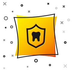 Black Dental protection icon isolated on white background. Tooth on shield logo. Yellow square button. Vector