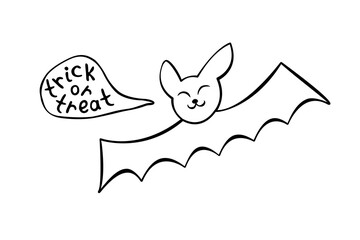 Cute bat drawn in cartoon doodle style. Treat or trick -lettering in speech bubble. Vector outline illustration isolated on white background. For coloring book page, halloween design, greeting card