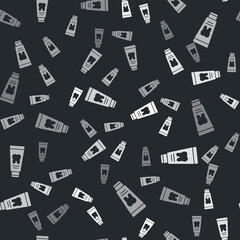 Grey Tube of toothpaste icon isolated seamless pattern on black background. Vector