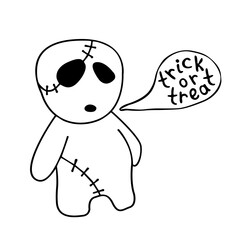 Vector cute zombie in cartoon style. Treat or trick - lettering in speech bubble. Outline doodle illustration isolated on white background. For coloring book, halloween design, greeting card