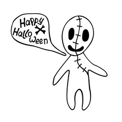 Vector cute zombie in cartoon style. Happy Halloween - lettering in speech bubble. Vector outline illustration isolated on white background. For coloring book page, holiday design, greeting card
