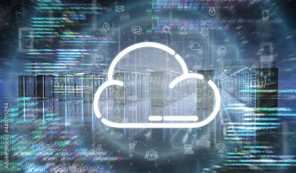 Poster cloud icon in a server room data center - 3d rendering
