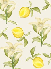 Watercolor lemon and floral paper texture and pattern