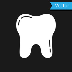 White Tooth icon isolated on black background. Tooth symbol for dentistry clinic or dentist medical center and toothpaste package. Vector