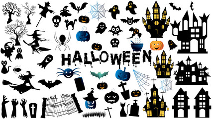 It is halloween set of cute elements.Icons for cartoon style. Animal,Black Cat,Black Color,Candy. Vector Halloween and flat style concept.