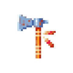 Indian weapon tomahawk pixel art icon, isolated vector illustration. Design for sticker, mobile app and logo. Game assets 8-bit sprite.