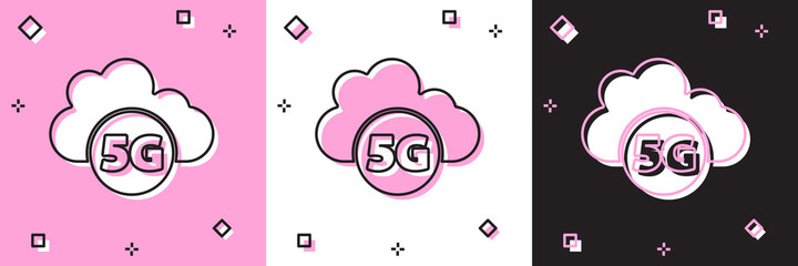 Set Cloud 5G new wireless internet wifi connection icon isolated on pink and white, black background. Global network high speed connection data rate technology. Vector