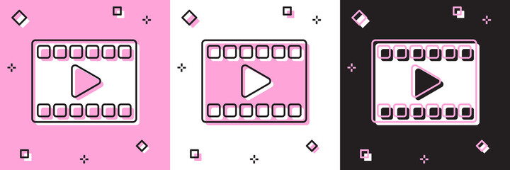 Set Play Video icon isolated on pink and white, black background. Film strip with play sign. Vector