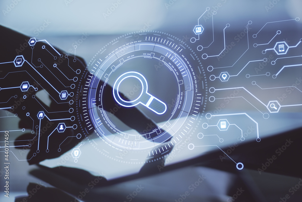 Poster Scan search concept with virtual loupe symbol surrounded by technological internet signs and circuit on man finger on digital tablet screen background.