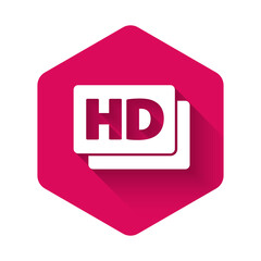 White Hd movie, tape, frame icon isolated with long shadow. Pink hexagon button. Vector