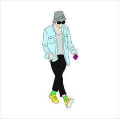 Vector illustration of Kpop street fashion. Street idols of Koreans. Kpop men's fashion idol. A guy in black jeans and a shirt with a hat and yellow sneakers.