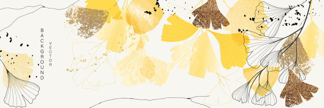 Luxury golden ginkgo leaf background wall art vector design home decorate , Autumn and fall wallpaper 