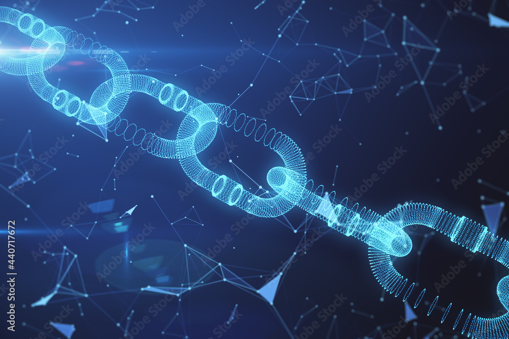 Poster Abstract glowing blockchain background. Cryptocurrency and innovation concept. 3D Rendering.