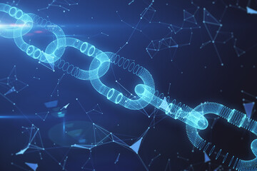 Abstract glowing blockchain background. Cryptocurrency and innovation concept. 3D Rendering.