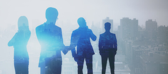 Group of pensive businesspeople on creative blue city background with mock up place. Teamwork and success concept. Double exposure. - obrazy, fototapety, plakaty