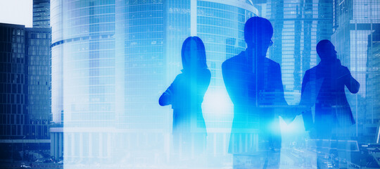 Businessmen and businesswomen on creative city background with mock up place. Teamwork and success concept. Double exposure.