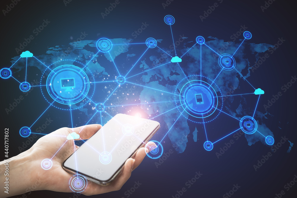 Aufkleber Hand using cellphone with abstract computer map and digital icons hologram on blue background. Cloud computing and data storage concept.