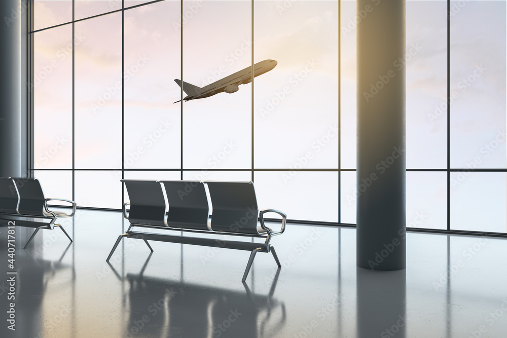 Poster concept of travel by taking off airplane view from glass transparent wall in empty airport hall with
