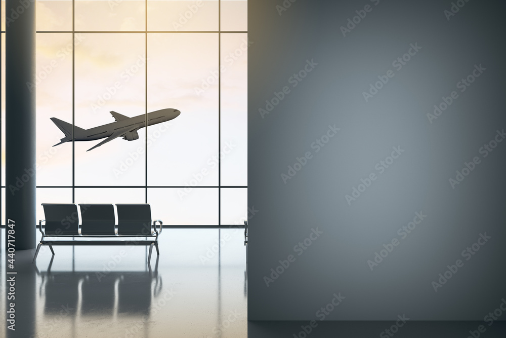 Aufkleber Black part of wall with copyspace in spacious airport hall with plane view from transparent wall. 3D rendering, mock up
