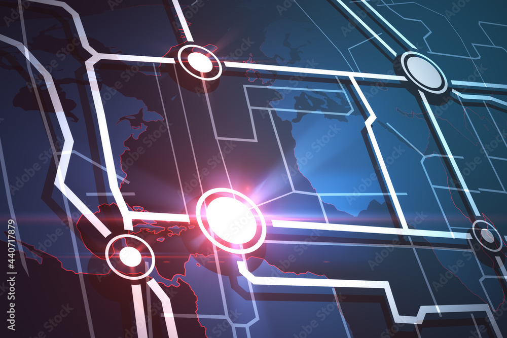 Aufkleber Creative glowing map background with location pins. Navigation and geolocation concept. 3D Rendering.