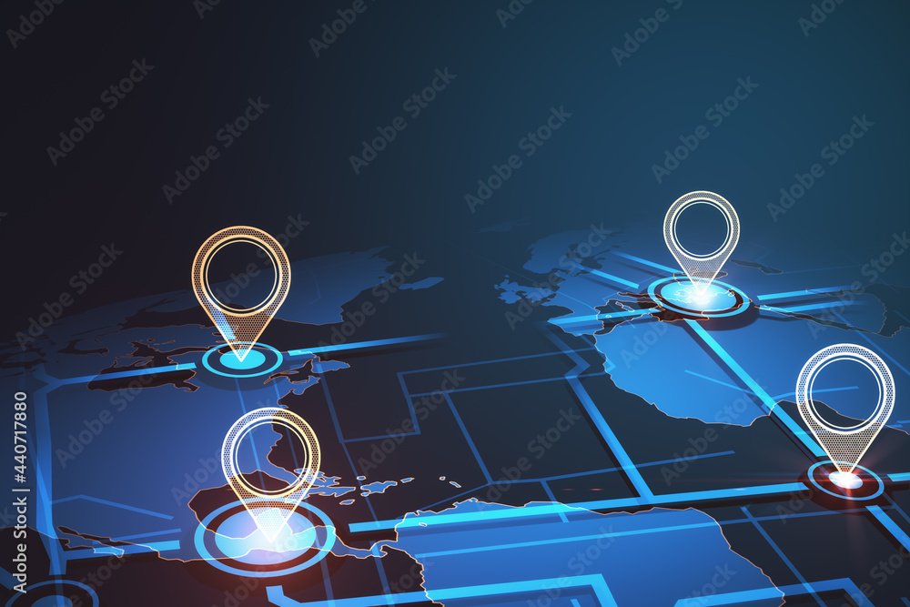 Leinwandbilder Creative glowing map backdrop with location pins. Navigation and geolocation concept. 3D Rendering.