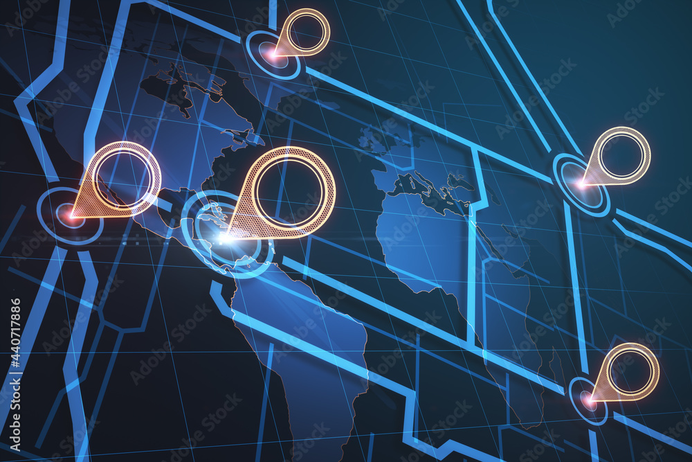 Poster Creative glowing map wallpaper with location pins. Navigation and geolocation concept. 3D Rendering.