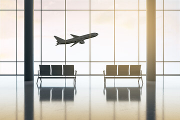 Travel and business trip concept with empty spacious airport hall and taking off plane outside the...