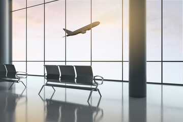 Concept of travel by taking off airplane view from glass transparent wall in empty airport hall...