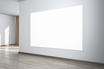 Naklejka na ściany i meble Modern white concrete interior with sunlight and empty banner on wall. Mock up, 3D Rendering.