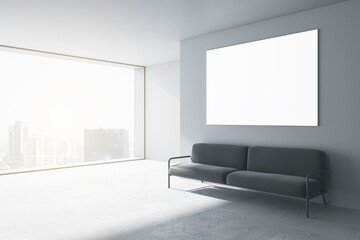 Modern concrete office waiting area with window and city view, comfortable couch and blank poster on wooden wall. Mock up, 3D Rendering.