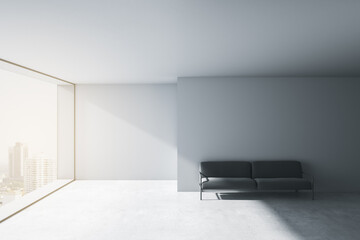 Modern concrete office waiting area with window and city view, comfortable couch and blank mockup place on wall. Mock up, 3D Rendering.
