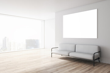Modern concrete office waiting area with window and city view, comfortable couch, wooden flooring and empty frame on wall. Mock up, 3D Rendering.