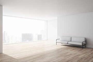 Modern concrete office waiting area with window and city view, comfortable couch and wooden flooring. 3D Rendering.