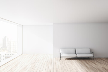 Modern concrete office waiting area with window and city view, comfortable couch, wooden flooring and mockup place on wall. Mock up, 3D Rendering.